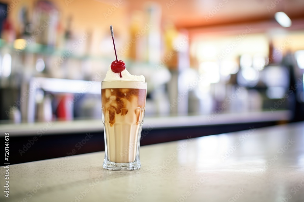 root beer float with a cherry on top, on a diner counter root beer float with a cherry on top, on a diner counter