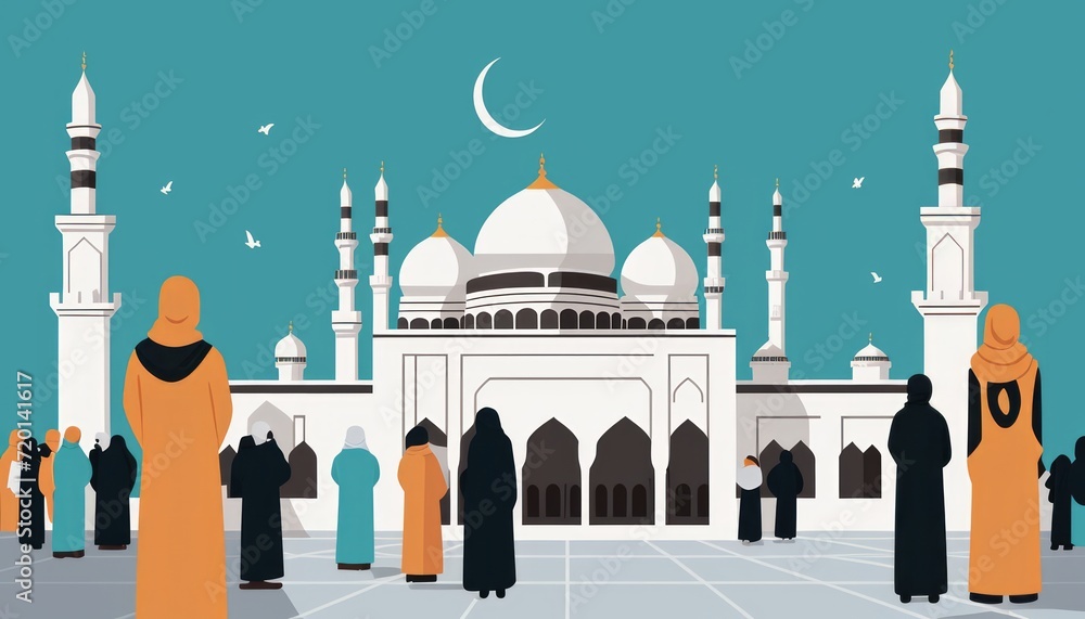 mosque panorama, view of the mosque during the fasting month or view of the mosque in the afternoon. sunset mosque. mosque wallpaper ramadan. mosque panorama crowds of Muslims heading to the mosque