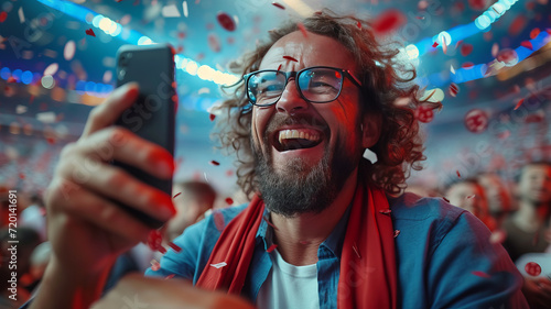 Positive, happy, emotional businessman holding mobile phone and celebrating money win. Sports betting. generative ai