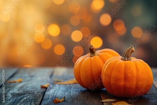 orange pumpkins on a wooden table on a bokeh glowing background copy space