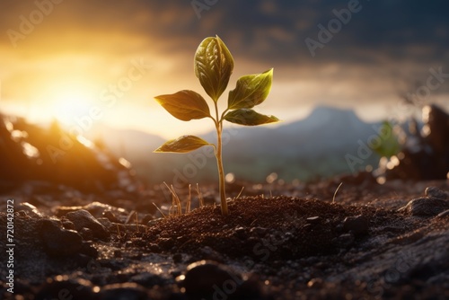 Seedlings growing from rich soil to morning sunlight.