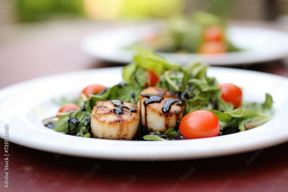 seared scallops on a bed of greens with balsamic glaze seared scallops on a bed of greens with balsamic glaze