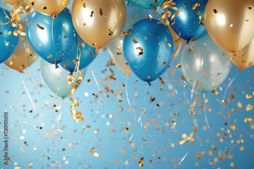 Holiday background with golden and blue metallic balloons, confetti and ribbons