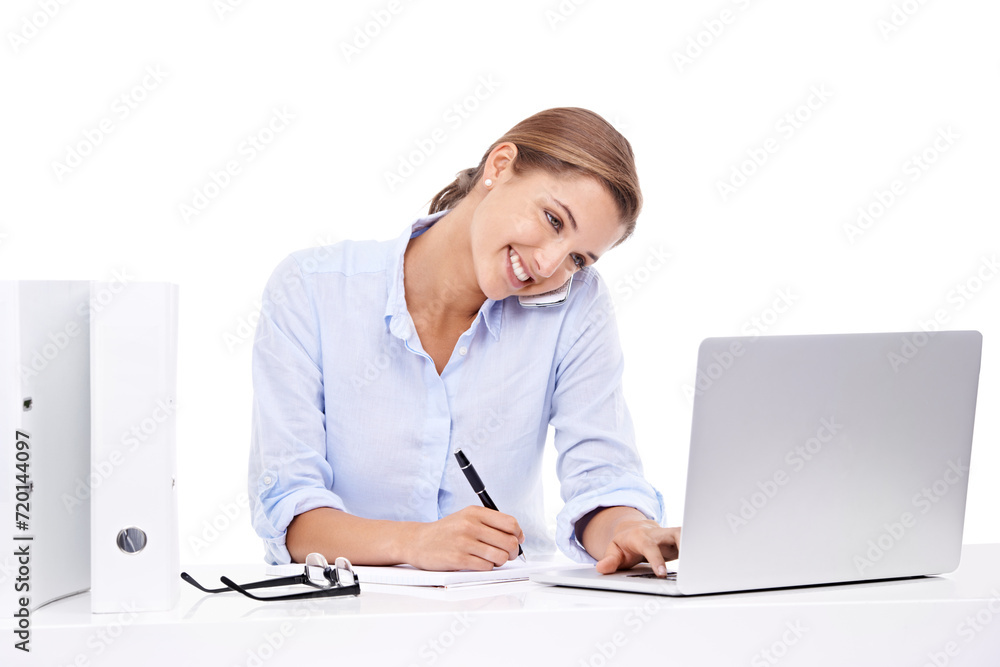 Computer, phone call and woman writing in studio for appointment information at secretary desk. Communication, notebook and female receptionist on mobile conversation with laptop by white background. Computer, phone call and woman writing in studio for appointment information at secretary desk. Communication, notebook and female receptionist on mobile conversation with laptop by white background.