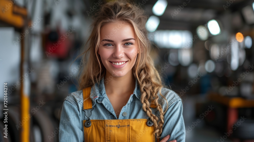 Woman car mechanic working with a tablet in an automobile garage, car repair workshop maintenance and service, generative ai Woman car mechanic working with a tablet in an automobile garage, car repair workshop maintenance and service, generative ai