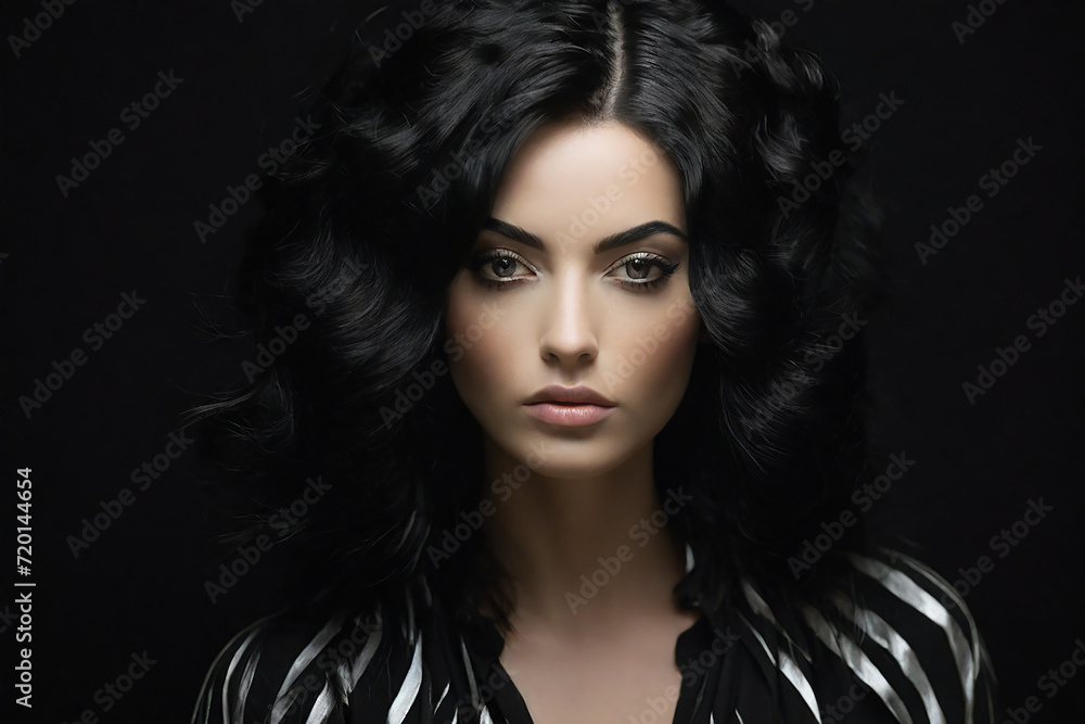 Portrait of beautiful woman with long black curly hair. Studio shot.