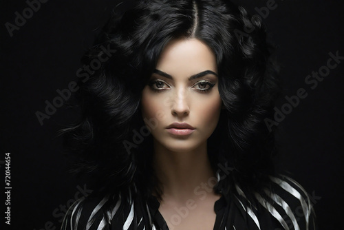 Portrait of beautiful woman with long black curly hair. Studio shot.