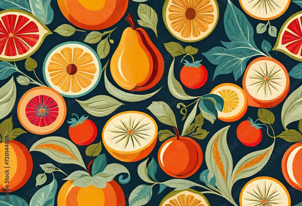 Abstract patterns and ornament with fruits, vintage modern style vector illustration, seamless illustration with abstract fruit shapes, Fresh organic background print concept. geometric collage,