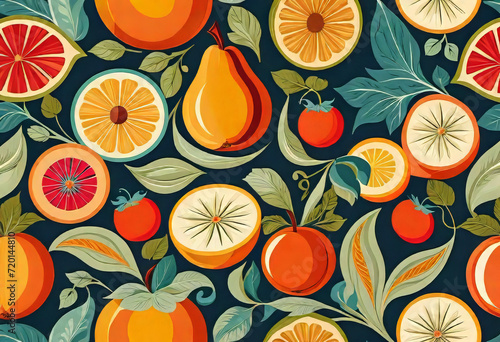 Abstract patterns and ornament with fruits  vintage modern style vector illustration  seamless illustration with abstract fruit shapes  Fresh organic background print concept. geometric collage 