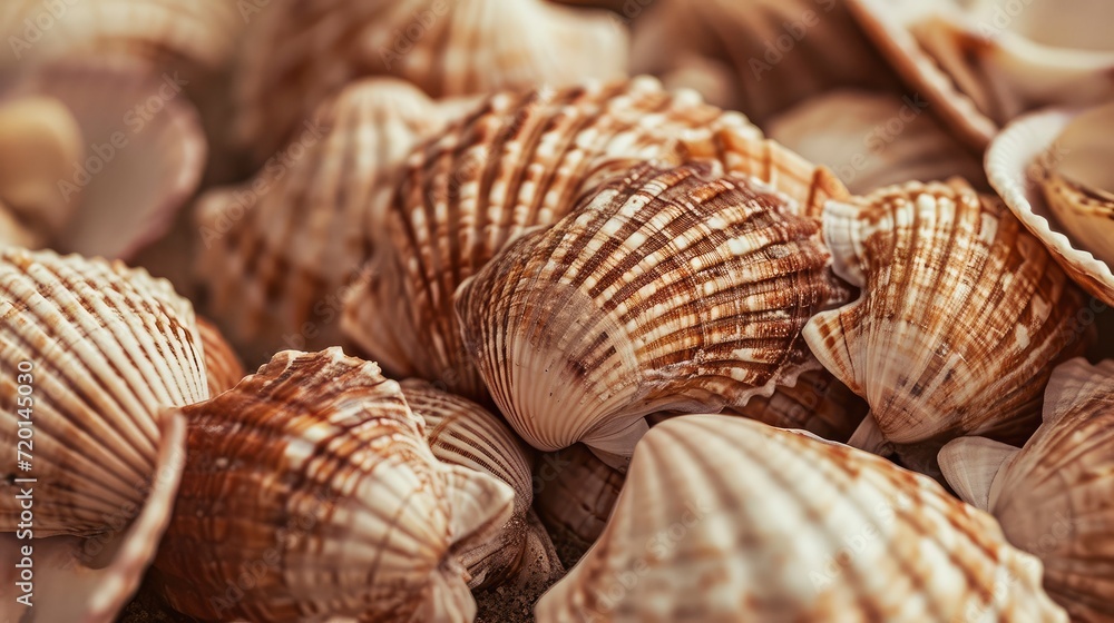 A close-up of assorted seashells in sepia tones, highlighting textures and patterns.