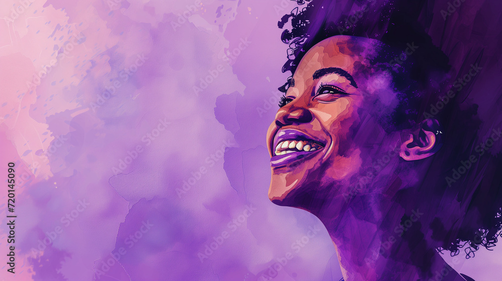  Happy International Women's Day illustration. Oil painting portrait of a black woman in a suit against a purple background. Copy space. AI Generated
