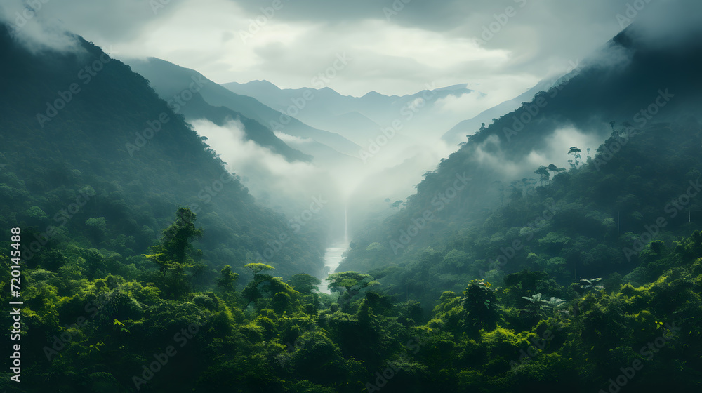 Obraz premium A captivating view of a cloud forest, where misty clouds envelop dense tree canopies, presenting a surreal and magical perspective of lush greenery from above.