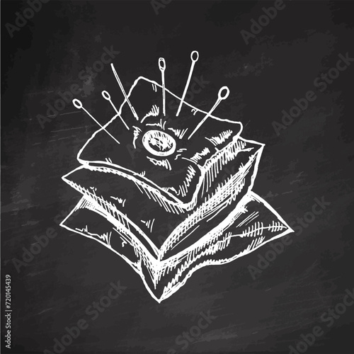 Hand-drawn sketch of pincushion with needles and pins on chalkboard background. Handmade, sewing equipment concept in vintage doodle style. Engraving style.