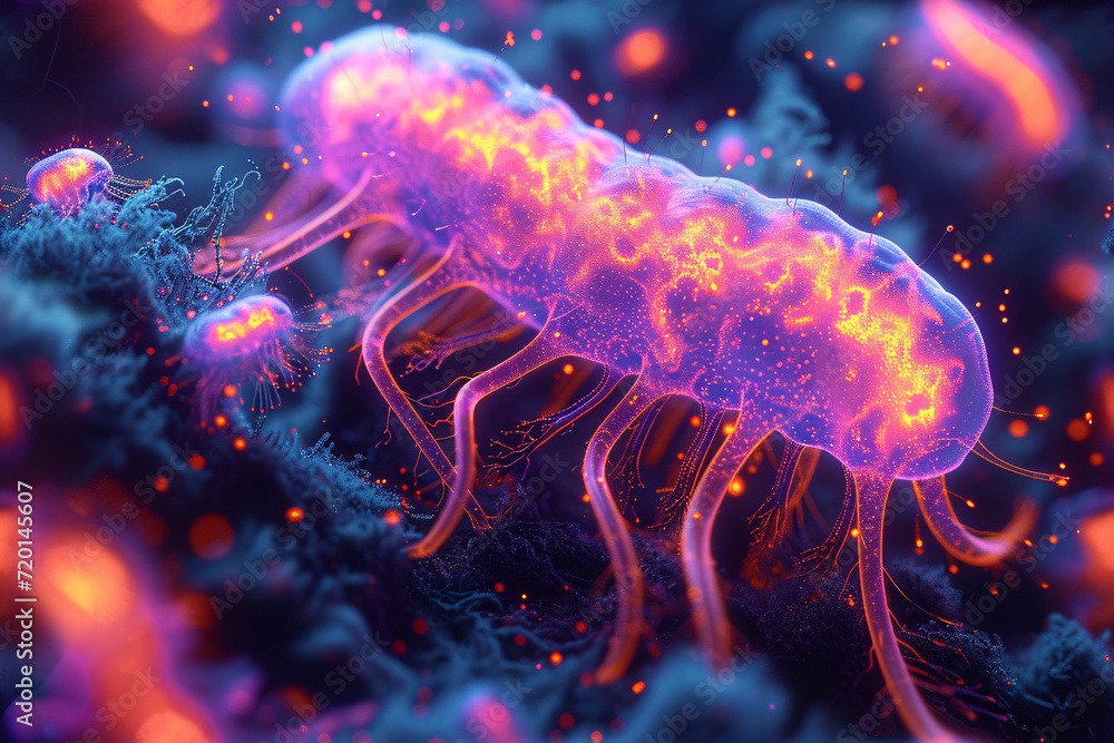 Close-up of bacteria and viruses under microscope, 3d illustration of science concept Close-up of bacteria and viruses under microscope, 3d illustration of science concept