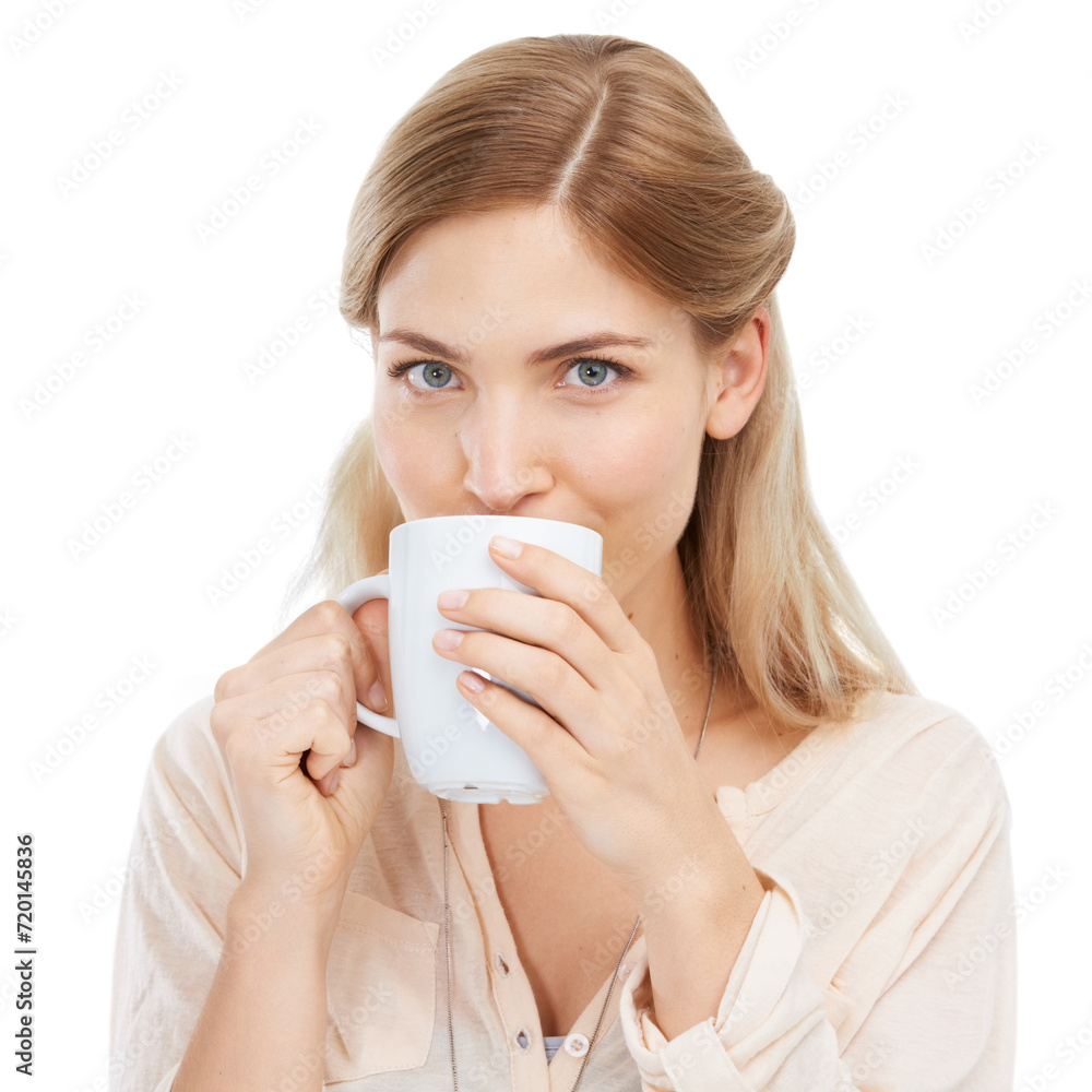 Portrait, drinking coffee and woman with cup in studio isolated on a white background. Face, tea mug and young person or girl with hot healthy beverage, latte or espresso for breakfast in the morning Portrait, drinking coffee and woman with cup in studio isolated on a white background. Face, tea mug and young person or girl with hot healthy beverage, latte or espresso for breakfast in the morning