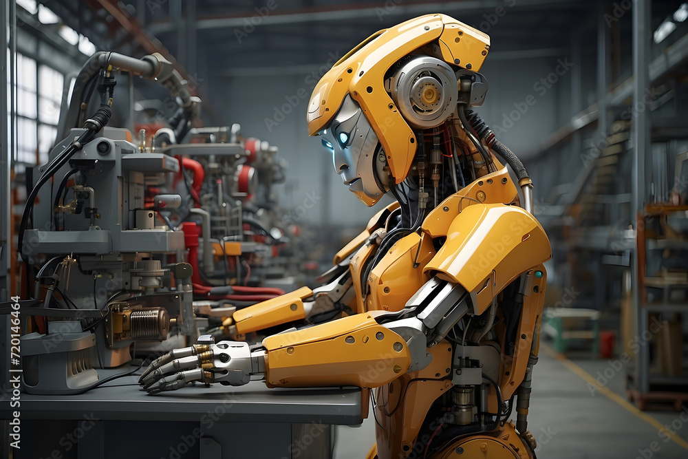 Yellow excavator working alongside a crane at an industrial construction site with a worker using a bucket. industrial robot Yellow excavator working alongside a crane at an industrial construction site with a worker using a bucket. industrial robot