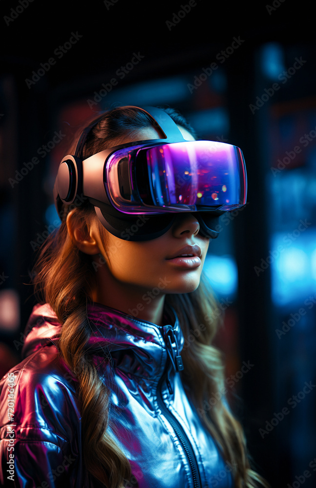 3d rendering of a female robot wearing virtual reality goggles. Futuristic concept. Generative AI 3d rendering of a female robot wearing virtual reality goggles. Futuristic concept. Generative AI
