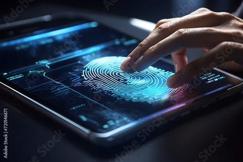 Fingerprint scanning, biometric authentication, cybersecurity and fingerprint password, future technology and cybernetic. E-kyc (electronic know your customer), technology against digital cyber crime