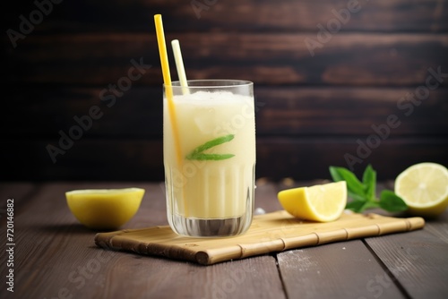frosty lemonade glass with a bamboo straw