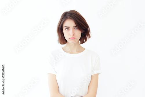 Close-up of a young woman angry, screaming in a scandal, white background isolate. © Serhii