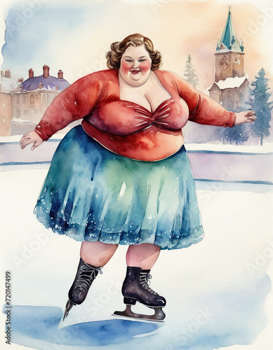 super morbidly obese woman with a really fat belly ice skating. in an ice rink. watercolor drawing photo
