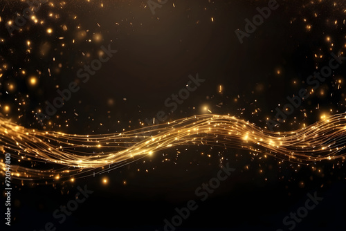 Dark background with sparkling gold holiday garland, magic dust. Gold Abstract Glitter Blinking sparks. Generative Ai content.