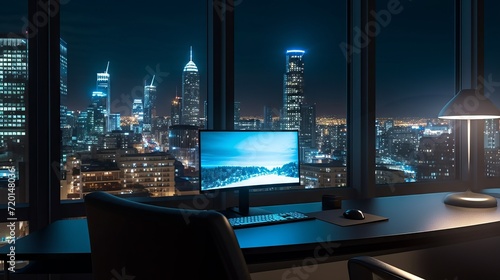 Sleek home office with a breathtaking night cityscape view.