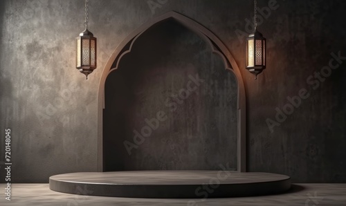 Modern Islamic themed display with hanging lanterns and an empty podium set against a textured wall, ideal for showcasing products during Ramadan and Eid.