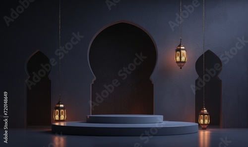 Modern Islamic themed display with hanging lanterns and an empty podium set against a textured wall, ideal for showcasing products during Ramadan and Eid.