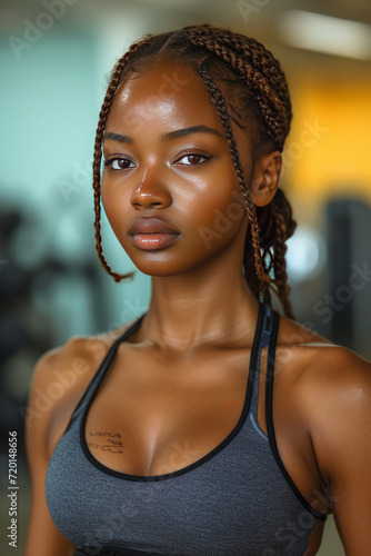 Portrait of a young black woman using a sport smart watch exercising in a gym  generative ai