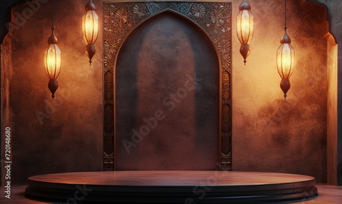 Modern Islamic themed display with hanging lanterns and an empty podium set against a textured wall, ideal for showcasing products during Ramadan and Eid.