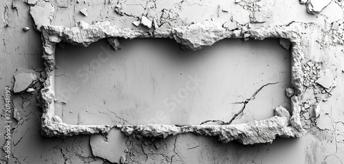 Hole in a white concrete wall. Plaster frame on the wall surface.