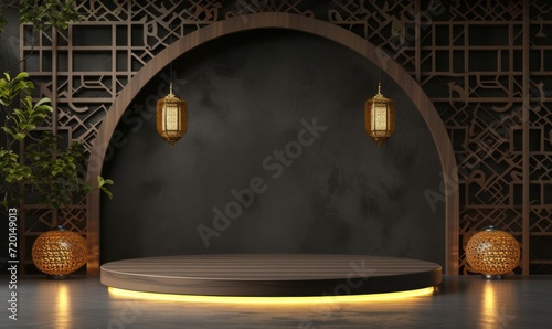 Modern Islamic themed display with hanging lanterns and an empty podium set against a textured wall, ideal for showcasing products during Ramadan and Eid.