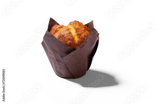 One muffin in brown paper isolated on a transparent background with transparent shadow.