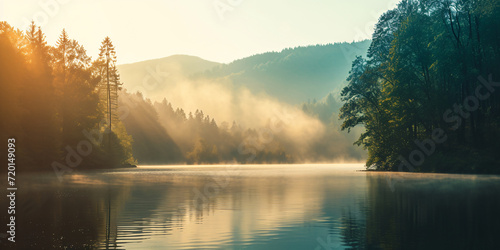 Serene Lake at Sunrise with Mist and Forest Reflection for Peaceful Landscape Photography Advertisement