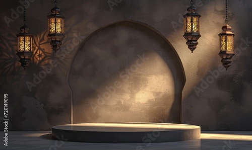 Modern Islamic themed display with hanging lanterns and an empty podium set against a textured wall, ideal for showcasing products during Ramadan and Eid.