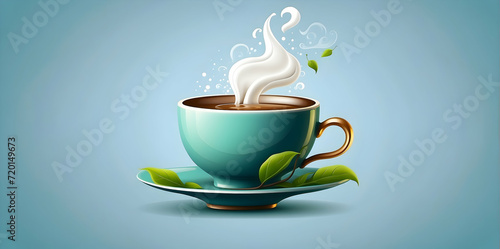 Design a captivating logo featuring a tea cup emitting steam, accompanied by a tea leaf positioned beside the cup