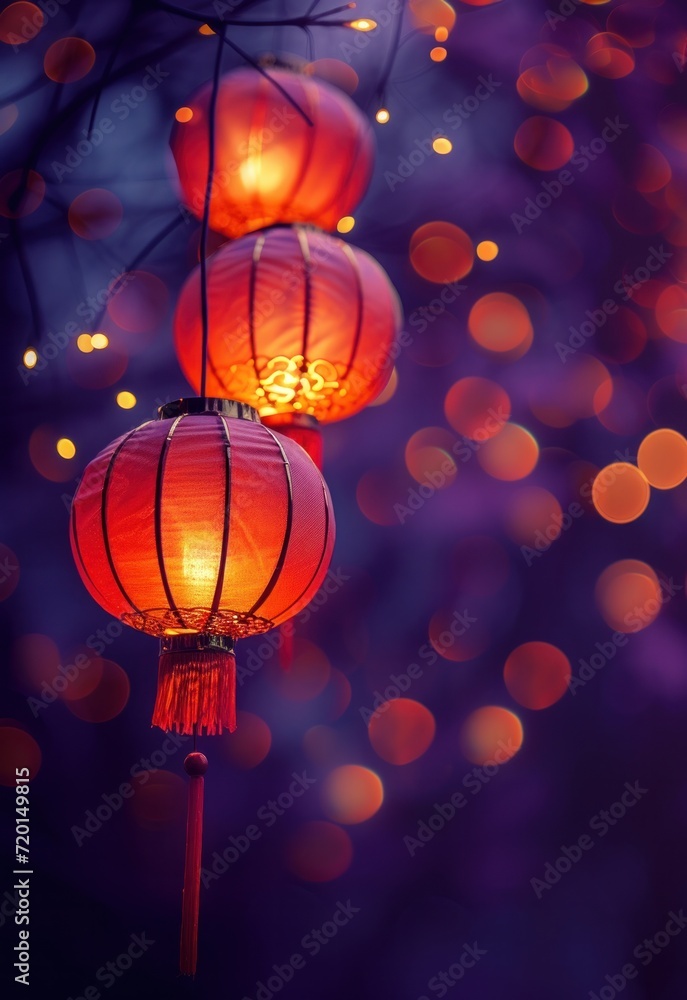 Lunar New Year holiday background. Red Chinese lanterns on beautiful bokeh background with copyspace for your greetings text. Lunar New Year holiday background. Red Chinese lanterns on beautiful bokeh background with copyspace for your greetings text.
