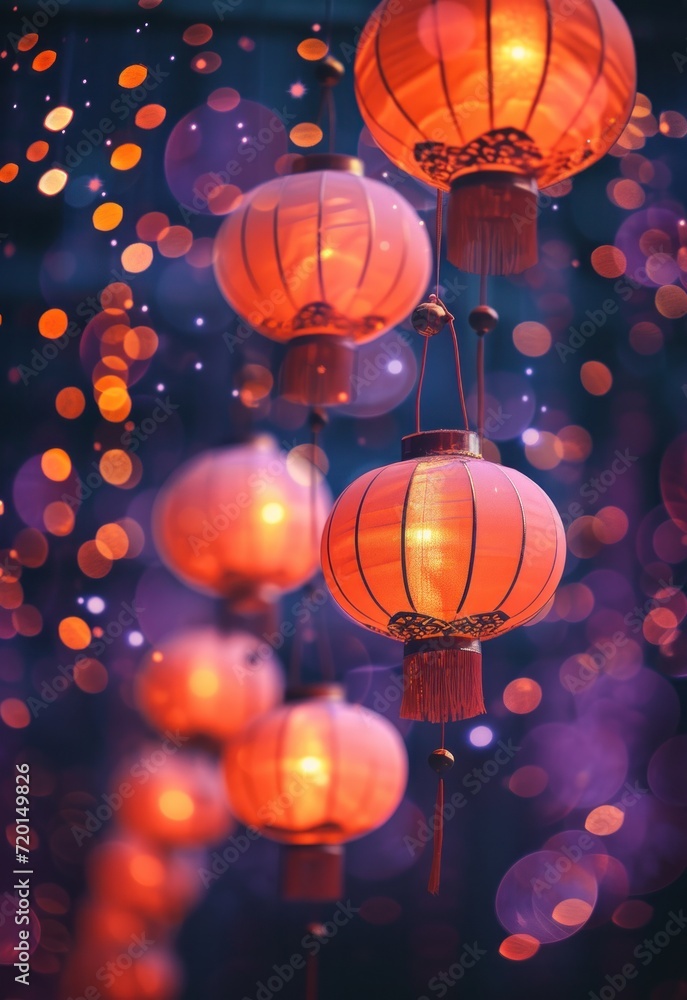 Obraz premium Lunar New Year holiday background. Red Chinese lanterns on beautiful bokeh background with copyspace for your greetings text.