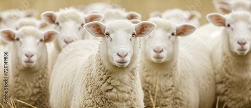 Serene Assembly of Sheep in Pasture: A High-Resolution Image Capturing the Calm Gaze of a Flock in Soft Natural Light