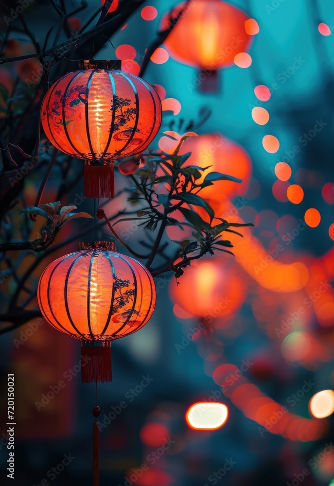 Lunar New Year holiday background. Red Chinese lanterns on beautiful bokeh background with copyspace for your greetings text.