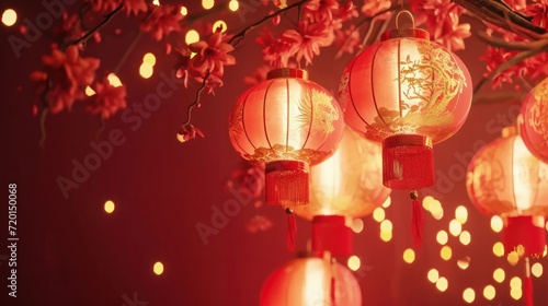 Lunar New Year holiday background. Red Chinese lanterns on beautiful bokeh background with copyspace for your greetings text.