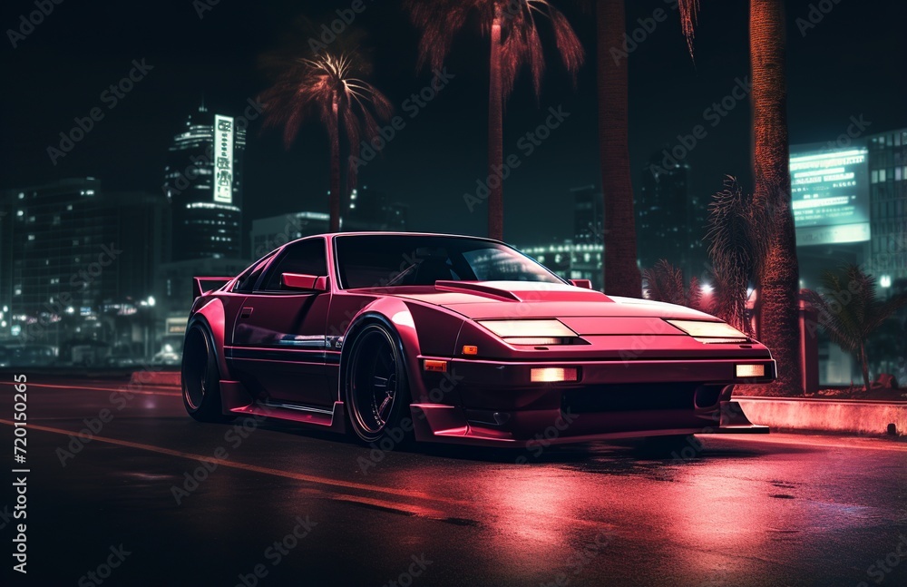 Sleek Sports Car Under Neon City Glow Sleek Sports Car Under Neon City Glow
