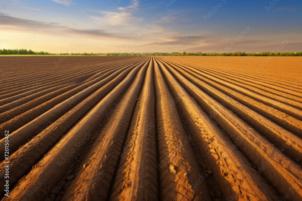 Plowed field with furrows ready for planting.