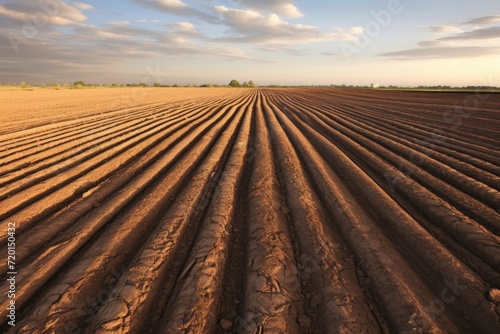Plowed field with furrows ready for planting.