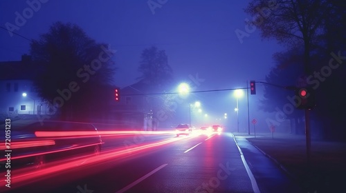 Mysterious evening scene with red street lights and fog.