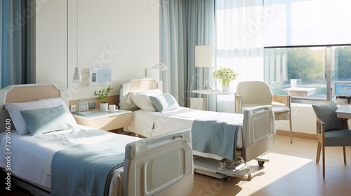 Modern hospital room with bright natural light and a comfortable setting.
