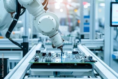 Obraz na płótnie precision robot white arm on fully automated assembly line in electronics factory