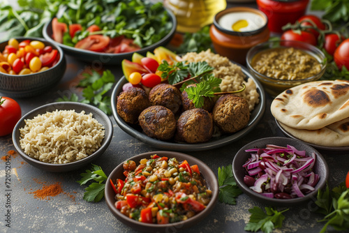 Middle Eastern or Arabic dishes assorted meze, meat kebab, falafel, baba ganoush, muhammara, hummus, selective focus