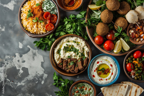 dishes Middle Eastern or Arabic, assorted meze, meat kebab, falafel, baba ganoush, hummus, sambusak, rice, tahini, kibbe, pita, top view, cement background